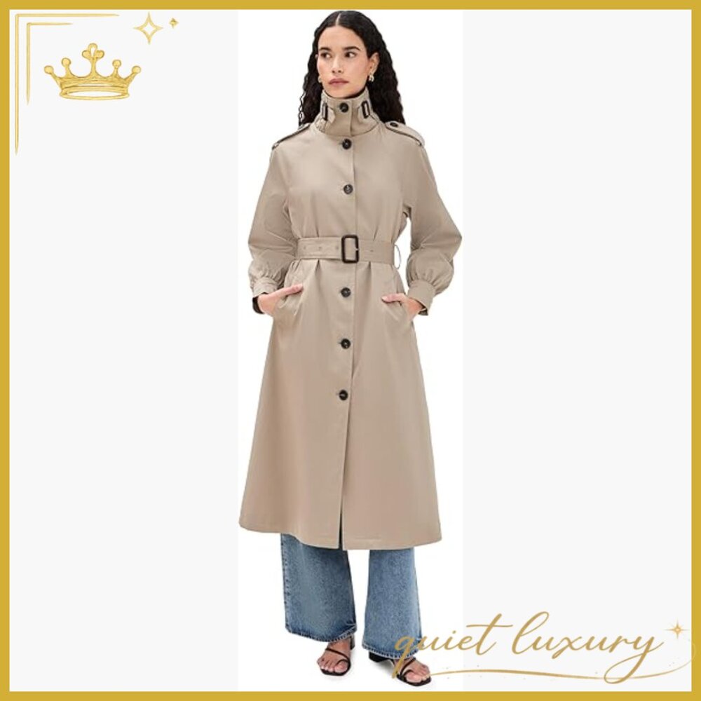 Funnel Neck Maxi Trench Coat, Cotton Blend, Regular Fit, Long Sleeve